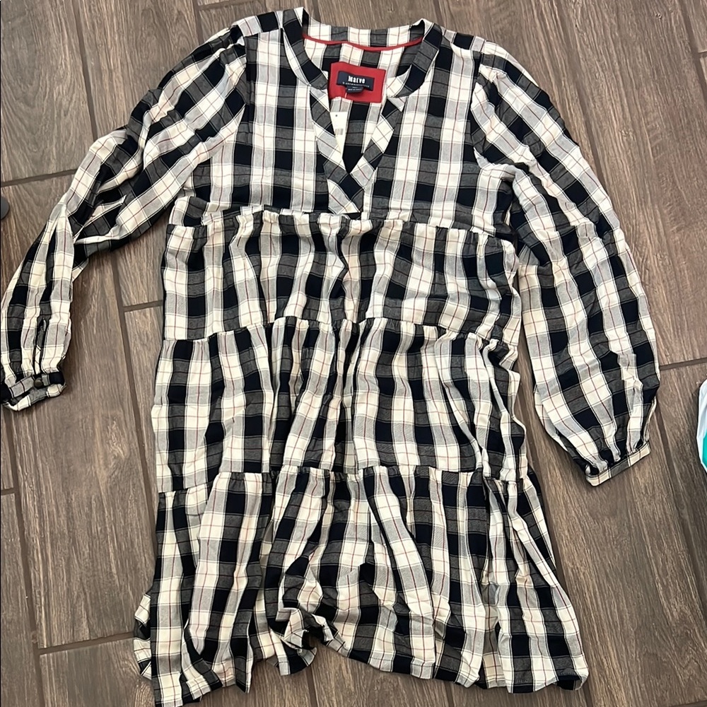 Maeve by Anthropologie Black and White Plaid V-Neck Dress